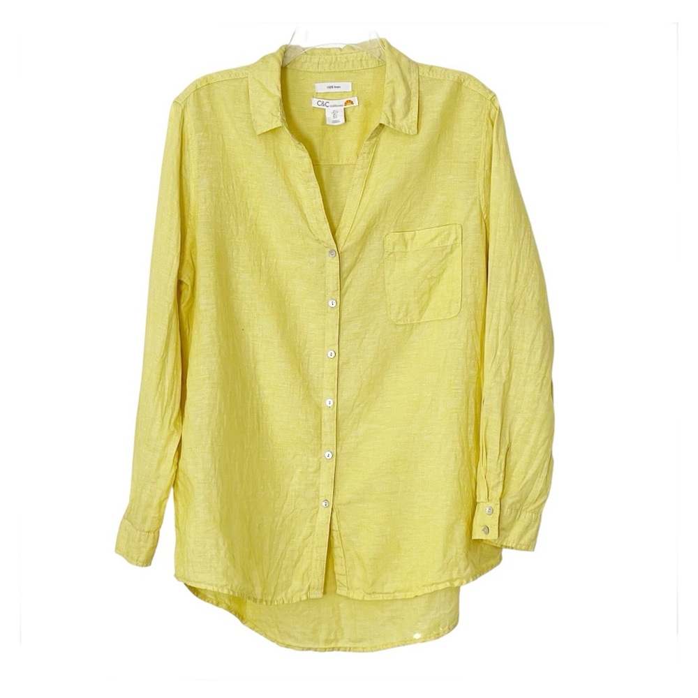 C&C California Linen Button Up Blouse Top Shirt Womens Large Yellow